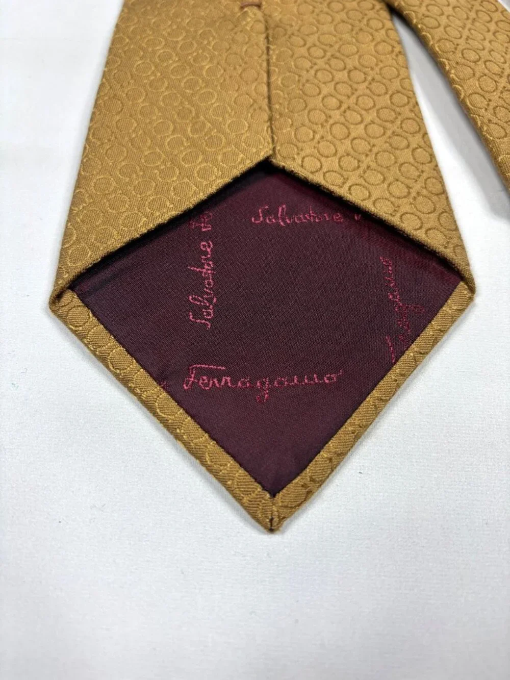 Vintage 90s Salvatore Ferragamo Silk Tie Gold Gancini Monogram Italy Old Money - Picture 4 of 7